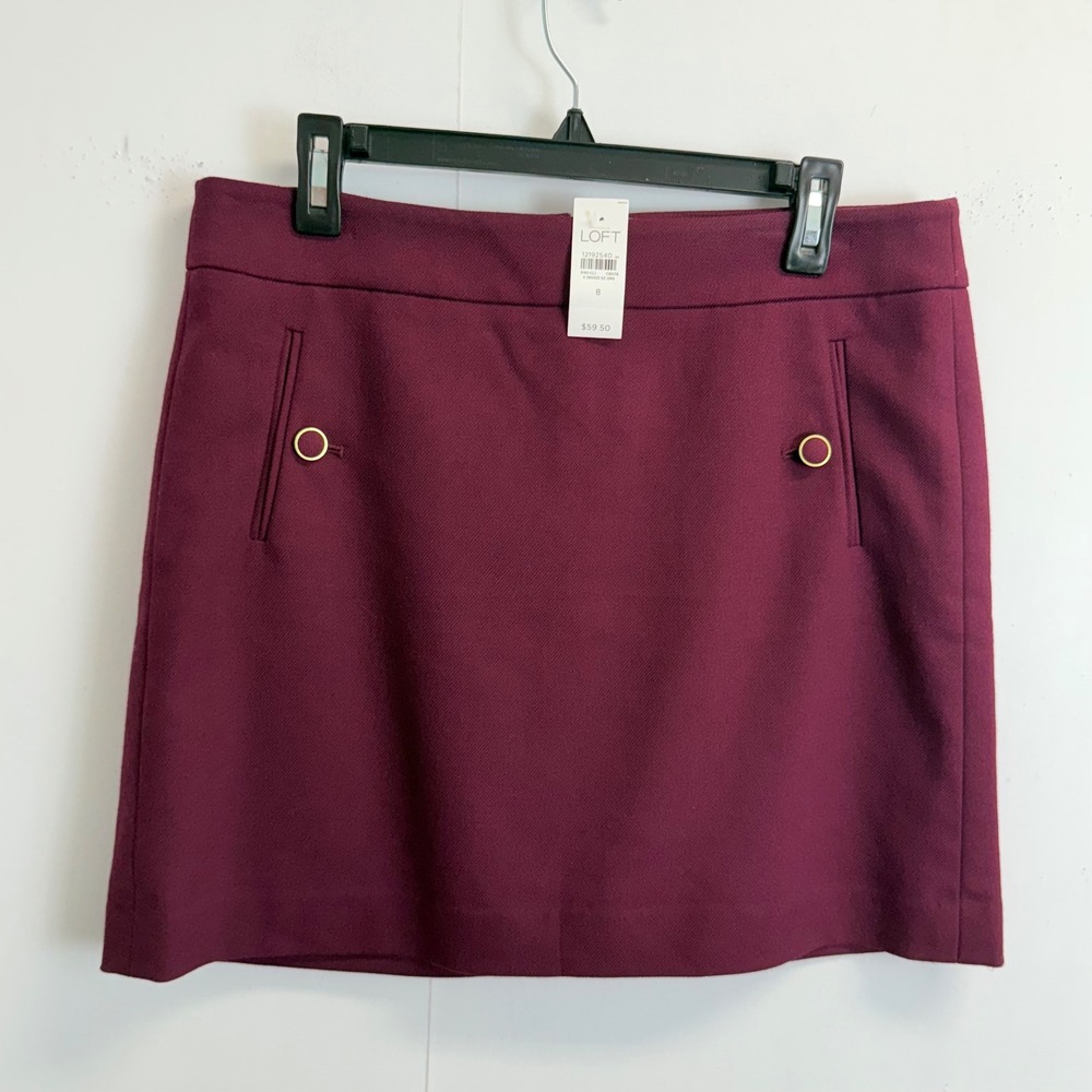 NEW LOFT Women Size 8 Magenta Purple Twill Mini Skirt Gold Button Pockets